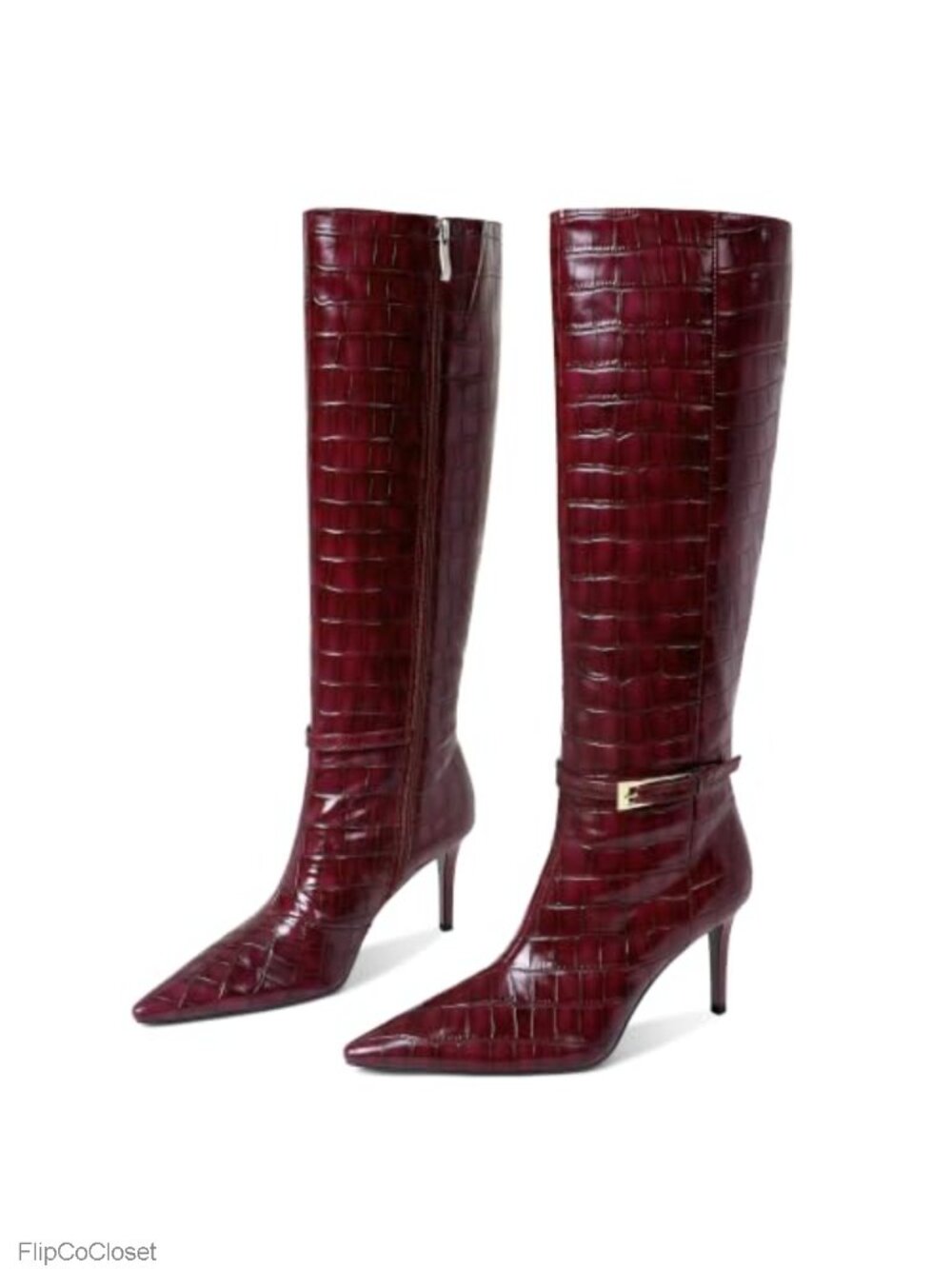 Croc Embossed Knee High Pointed Toe Stiletto Heel Dress Boots